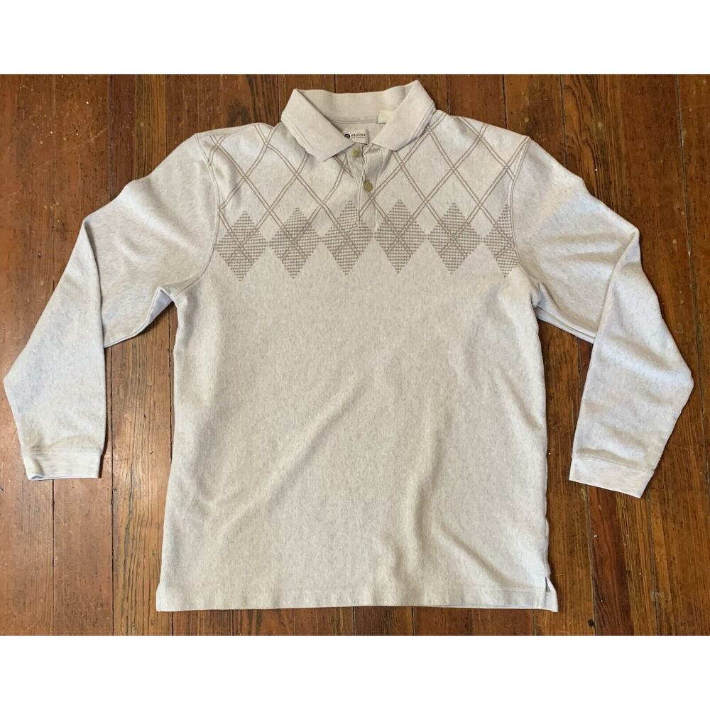 Haggar Mens Long Sleeve Polo Shirt Sz Large Office Professional Work Tan Argyle